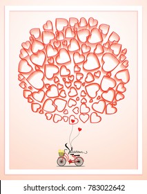 Red bicycle with yellow flowers,Hearts float on top isolated on light pink background, Happy Valentine's day, Love iconic, Idea for art, card, gift, decoration, wallpaper, and background,Vector,EPS10