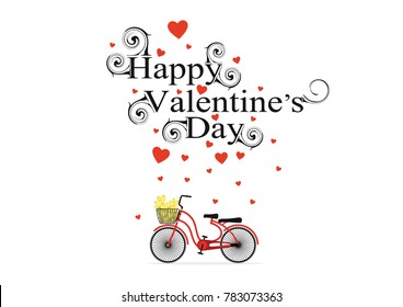 Red bicycle with yellow flowers,Hearts float on top isolated on white background, Happy Valentine's day, Love iconic, Idea for art, card, gift, decoration, wallpaper, and background,Vector,EPS10