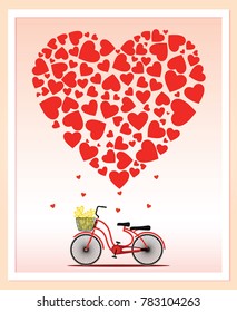 Red bicycle with yellow flowers,Hearts float on top isolated on light pink background, Happy Valentine's day, Love iconic, Idea for art, card, gift, decoration, wallpaper, and background,Vector,EPS10.