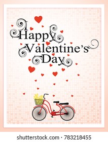 Red bicycle with yellow flowers,Hearts float on top isolated on light pink background, Happy Valentine's day, Love iconic, Idea for art, card, gift, decoration, wallpaper, and background,Vector,EPS10