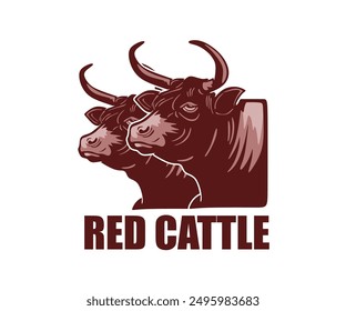 red big cattle logo, silhouette of great horned bull head vector illustrations