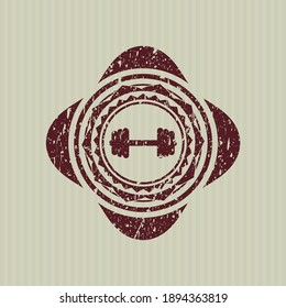 Red big dumbbell icon inside rubber stamp with grunge texture. 