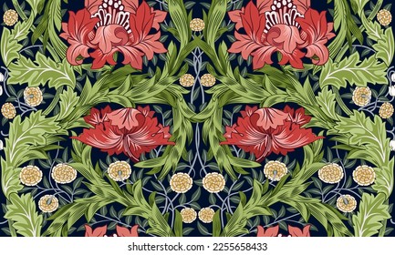 Red big flowers with foliage seamless ornament on dark background. Vector illustration.
