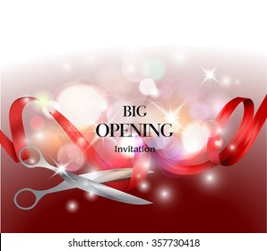 Red big opening background with red ribbon and scissors