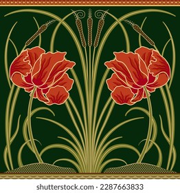 Red big poppy and green reeds decorative border pattern on dark green background. Vector illustration.
