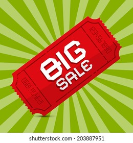 Red Big Sale Paper Ticket on Green Background