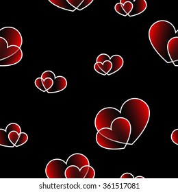 Red big and small hearts. Cute seamless pattern on black background. Fashion graphics design. Stylish Valentine day print concept for fabric, background, wallpaper or wedding card. Vector illustration