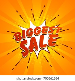 Red Biggest Sale lettering on pop art explosion, Abstract rays halftone effect background.