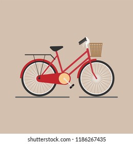 Red bike on color background, Red bicycle old retro vintage style, Vector flat design
