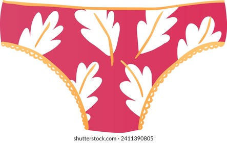 Red bikini bottoms with white leaf pattern and orange trim. Womens swimwear with floral design, summer beachwear vector illustration.