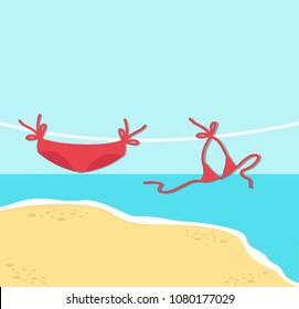 red bikini on rope with Summer  Beach  background