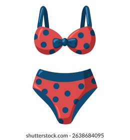 Red bikini swimsuit with dark blue polka dots and bow accents. Cartoon vector illustration on white background