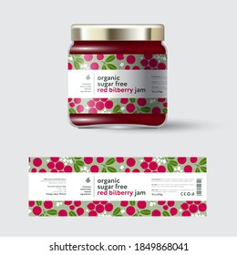 Red bilberry Jam label and packaging. Jar with cap with label. White strip with text and on seamless pattern with berries, flowers and leaves.