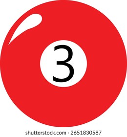 Red billiard ball number 3 in minimal vector style. Perfect for pool games, infographic sports sets, or flat design.