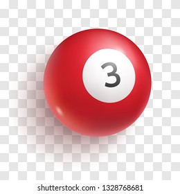Red billiard ball with number three. Glossy sphere with reflection and shadow.  