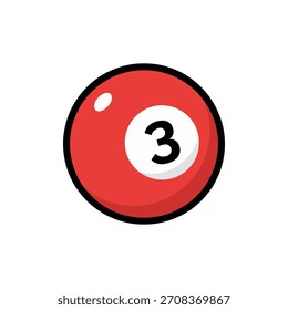 Red billiard ball number three vector illustration for pool game design in cartoon style.