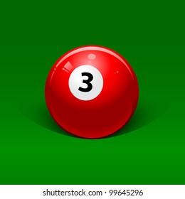 red billiard ball number three on a green background