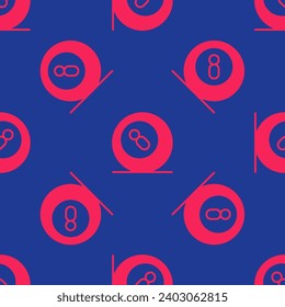 Red Billiard pool snooker ball with number 8 icon isolated seamless pattern on blue background.  Vector