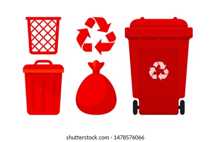 Red Bin Collection, Recycle Bin and Red Plastic Bags Waste isolated on white Background, Bins red with Recycle Waste Symbol, Front view set of the Red Bins and Bag Plastic for Garbage waste, 3r Trash