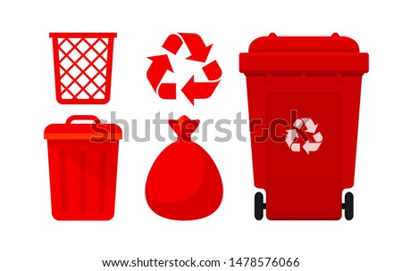 Red Bin Collection, Recycle Bin and Red Plastic Bags Waste isolated on white Background, Bins red with Recycle Waste Symbol, Front view set of the Red Bins and Bag Plastic for Garbage waste, 3r Trash