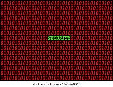 The red binary code number on black background and a word SECURITY in green color. Concept of data, digital, code, computer, system and etc.