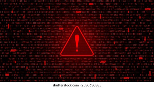 red binary numbers falling matrix corrupted data with hazard sign to warning or danger about cyber attack or hack 