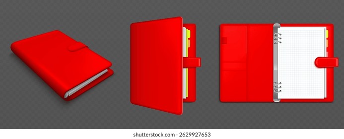 Pasta de fichário vermelho com conjunto de organizadores - bloco de anotações de couro fechado, planejador de diário aberto com páginas de grade quadradas vazias, divisores de marcadores elásticos cinta. Modelo realista de marca de papelaria de escritório 3d.