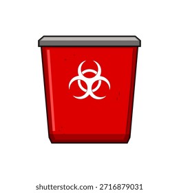 Red biohazard bin featuring a prominent symbol, symbolizing medical waste disposal, hospital safety, healthcare precautions, and the containment of infectious or dangerous materials