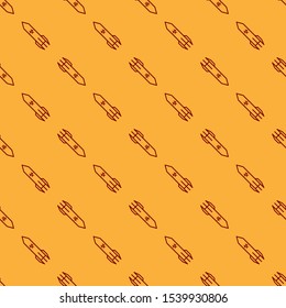 Red Biohazard rocket icon isolated seamless pattern on brown background. Rocket bomb flies down.  Vector Illustration