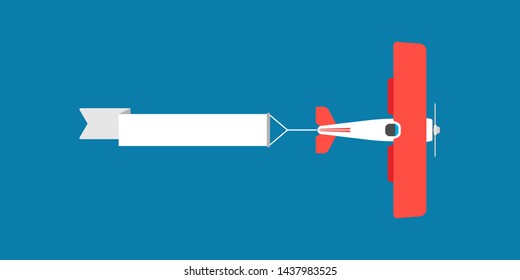 Red biplane with air ribbon banner vector illustration. Advertisement sky aviation vintage plane travel. Old vehicle adventure show journey. Flat airshow flag text sign