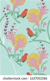 Red Bird Among Botanical Plants