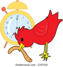 Red bird catching a worm with an alarm clock in the background