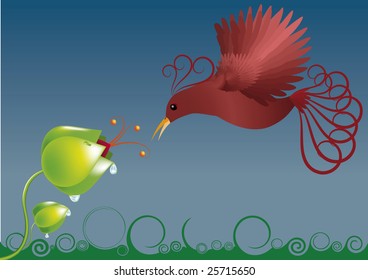 red bird coming to efflorescent flower