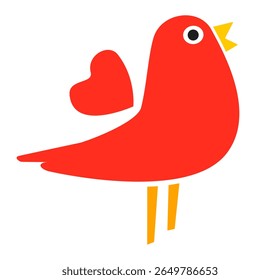 Red bird icon with heart-shaped wing and yellow beak. Clipart image isolated on background.