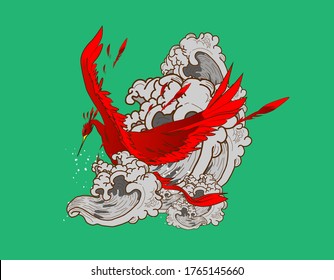 red bird illustration design for sukajan is mean japan traditional cloth or t-shirt with digital hand drawn Embroidery Men T-shirts Summer Casual Short Sleeve Hip Hop T Shirt Streetwear