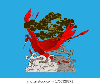 red bird illustration design for sukajan is mean japan traditional cloth or t-shirt with digital hand drawn Embroidery Men T-shirts Summer Casual Short Sleeve Hip Hop T Shirt Streetwear