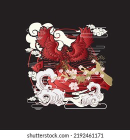 red bird illustration with japanese style