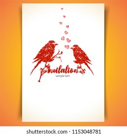 Red bird in love. invitation card, vector