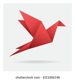 red bird paper craft flying in frame art isolated on background