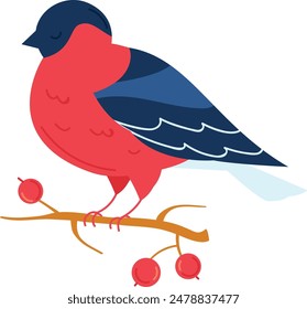 Red bird perched branch holding berries cartoon style. Vibrant red cute bird blue wings tail naturethemed illustration. Chubby cartoon bullfinch isolated white background berries peaceful scene