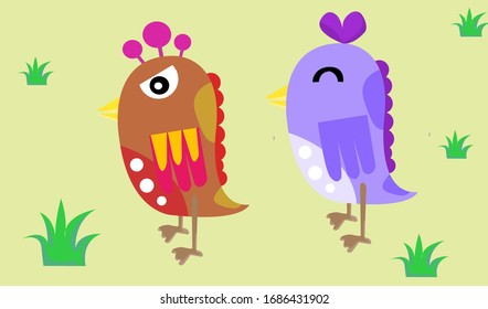 Red bird and purple bird talking on the green grass.