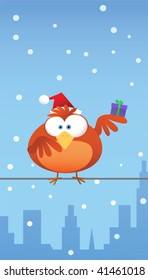 Red bird with santa hat bring a gift