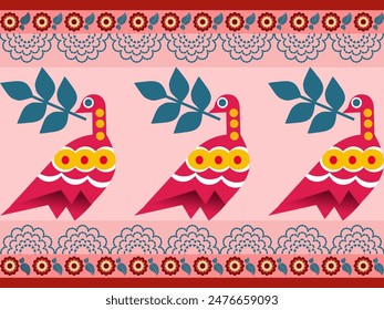 Red bird a seamless geometric pattern with stylized birds and floral elements. The background color is a soft pink, creating a warm and inviting base for the design. 