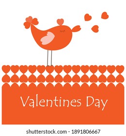 The red bird sends out hearts with congratulations. Flat vector illustration. Valentine's Day. Valentine's card. Text. Postcard with congratulations.