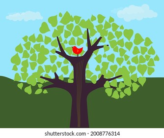 Red Bird in Tree with Green Leaves