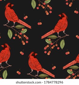 red bird with a tufted sits on a branch with berries. Hand drawing, cardinal bird.