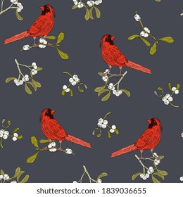 red bird with a tufted sits on a  branch of mistletoe. Christmas, New Year seamless pattern with traditional mistletoe. Hand drawing, cardinal bird.