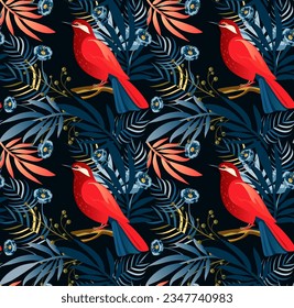 Red Birds Exotic pomegranates flowers tropical leaves Happy Jewish New Year, pomegranate traditional Holiday decoration, decorative ornament elements greeting card background birthday frame textile