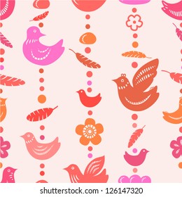 Red birds feathers and flowers bead threads seamless pattern, vector