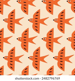Red birds hand drawn vector illustration. Cute swallow in flat style seamless pattern for kids fabric or wallpaper.